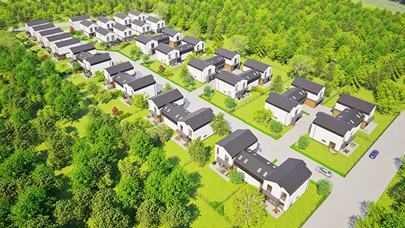 Widok z lotu ptaka na osiedle Domy przy Wilgi